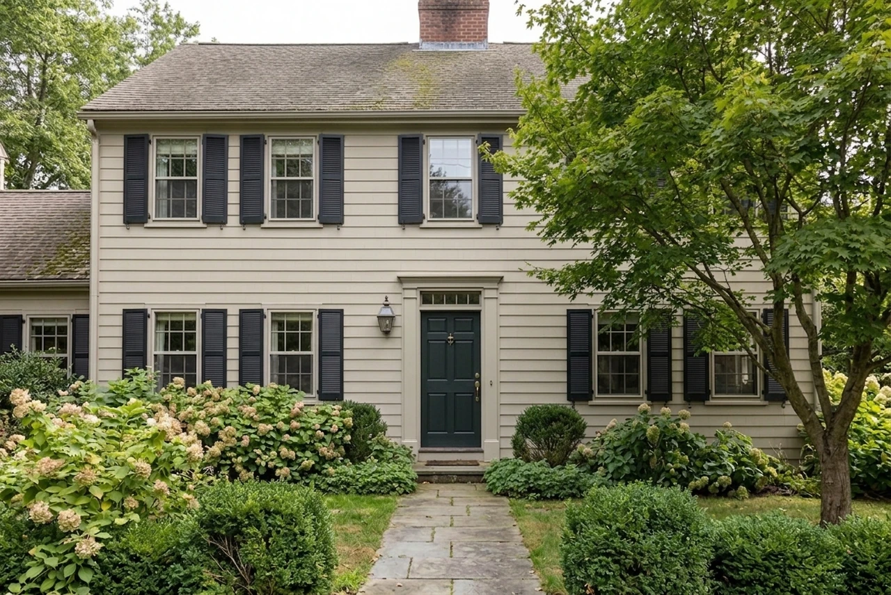 After — facade in Accessible Beige (SW 7036) with Tricorn Black on the shutters (Traditional American)