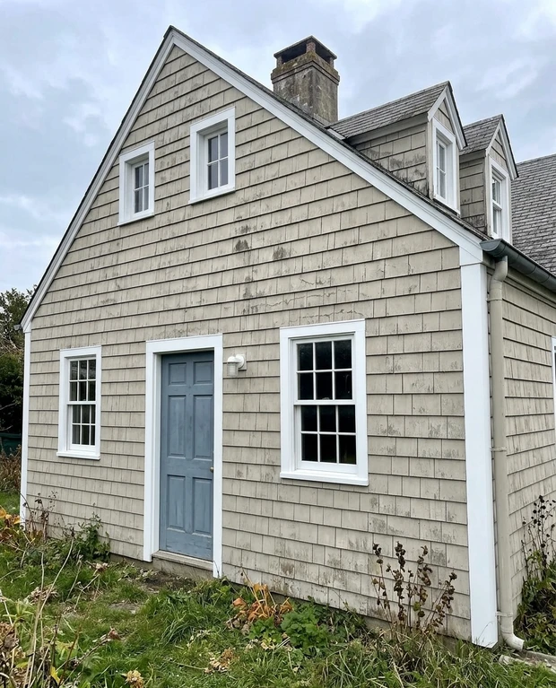 Before - facade without Weathered Cedar + Bright White (Cape Cod)