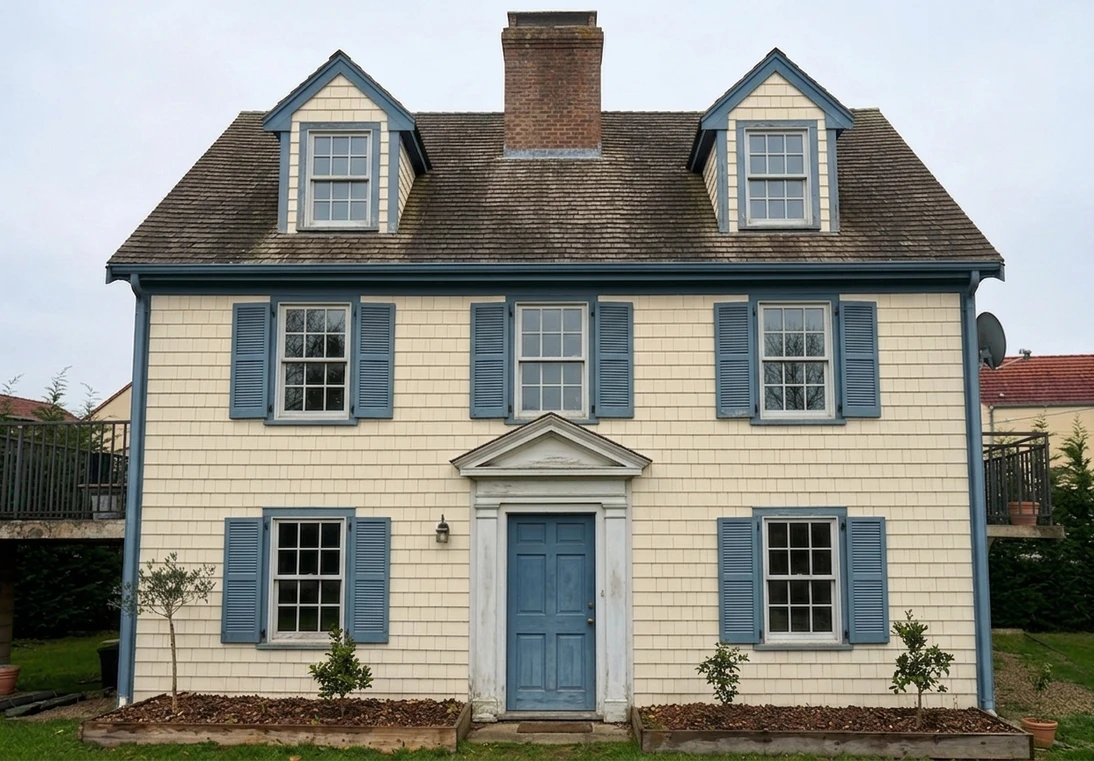 After — facade in Cape May Cream (BM White Sand 938) with Newburyport Blue on the shutters, front door, gable trim (Cape Cod Coastal)