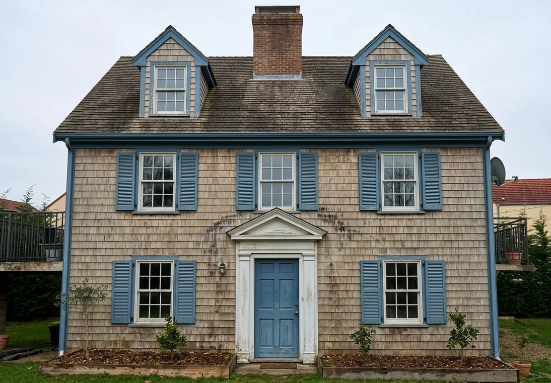 Before — facade without Cape May Cream + Newburyport Blue (Cape Cod Coastal)