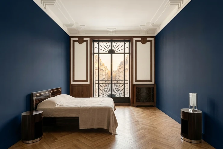 Apres — facade Bleu Nuit (RAL 5022) et Blanc Lin sur les moulures, plafond, boiseries (Art Déco)