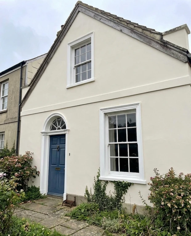 House facade in Slipper Satin (Farrow & Ball No. 2004) after AI colour preview