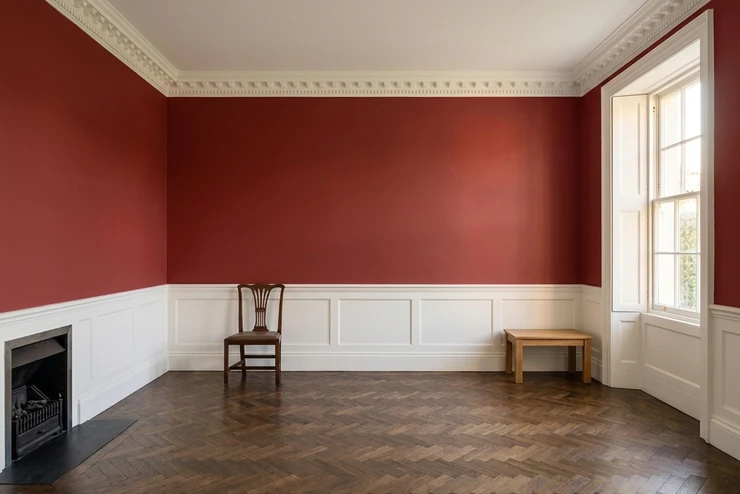 After — facade in Eating Room Red (F&B No.43) with Wimborne White on the coving, skirting, dado rail, ceiling, wainscoting (Georgian Townhouse)