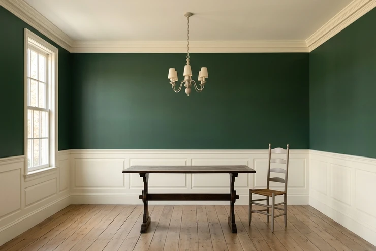 After — facade in Forest Green (BM Cushing Green HC-125) with Cream on the wainscoting half-wall, ceiling, crown moulding, baseboards (Traditional New England)