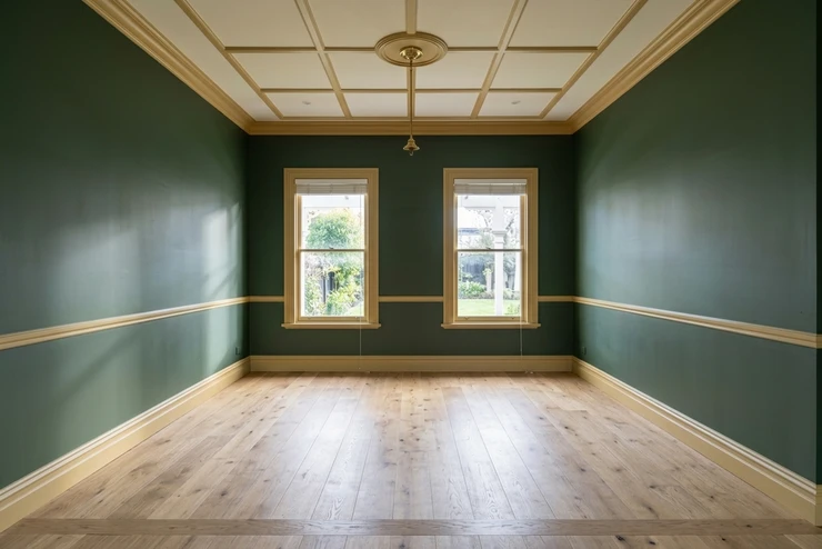 After — facade in Pewter Deep Green (SW 6208) with Warm Gold on the trim and accents (Modern Classic)