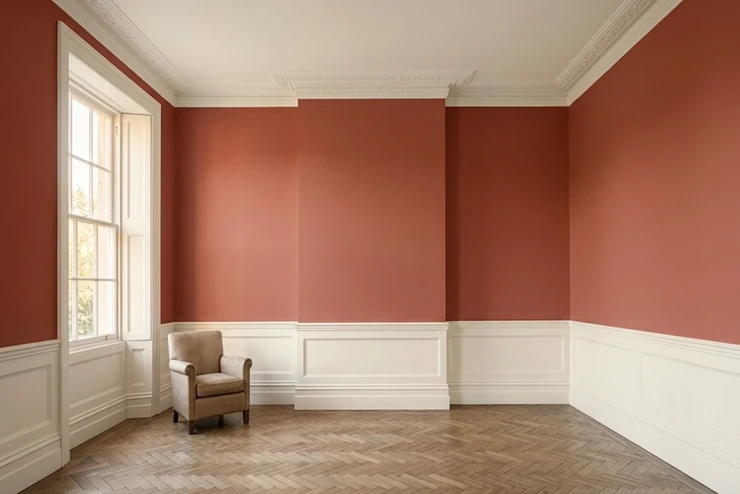 After — facade in Red Earth (None) with Wimborne White on the panelling, ceiling, coving, skirting (Georgian)
