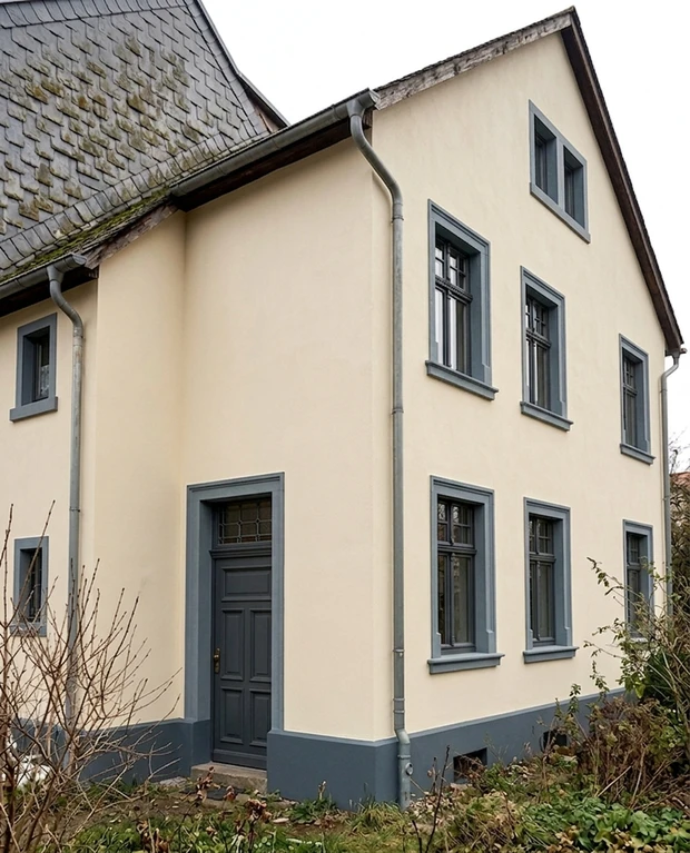 Nachher — Fassade mit Elfenbein (RAL 1014 Hellbeige) und Anthrazit auf den Sprossenfenster, Eingangstür, Sockelleiste (Dresdner Gründerzeit-Villa)
