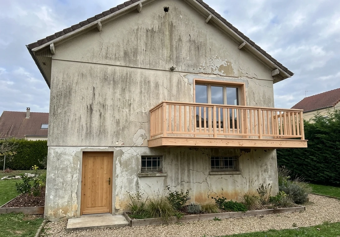 Vorher — Fassade ohne Salbeigruen + Holz Natur (Modern Oekologisch)