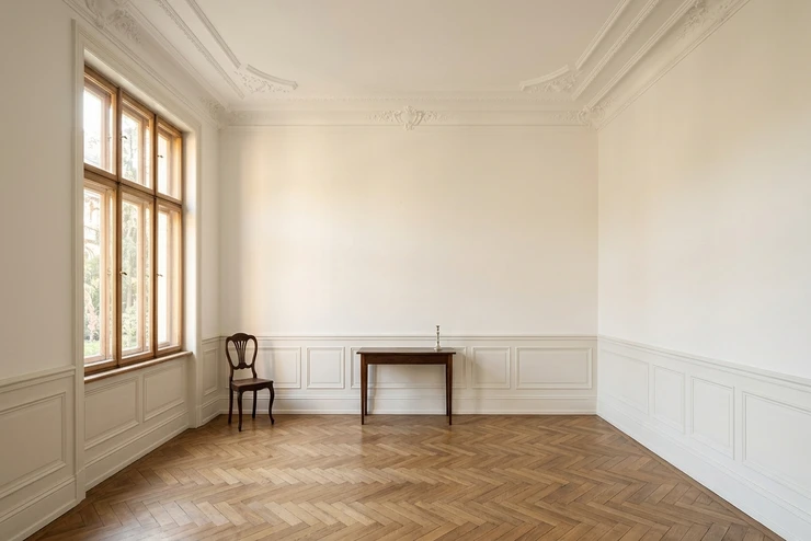 Vorher — Fassade ohne Ozeanblau + Reinweiss (Gruenderzeit Altbau Esszimmer)