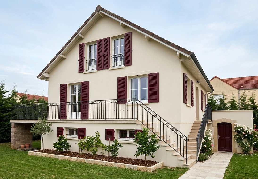 Avant — facade sans Gris Perle + Bordeaux (Haussmannien revisite)