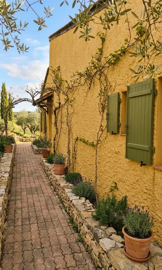 Apres — facade Ocre Jaune (RAL 1024) et Vert Olivier sur les volets (Provencal)