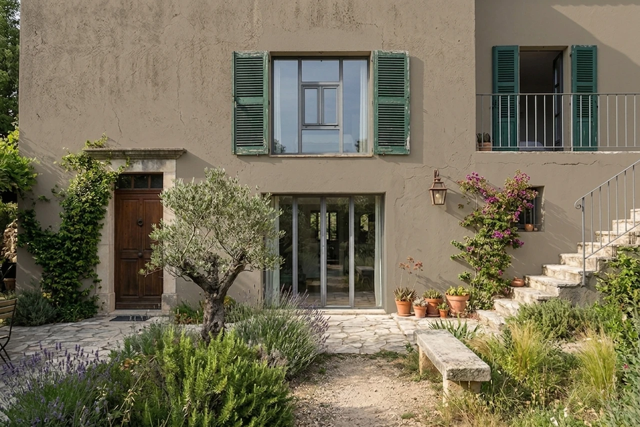 Apres — facade Taupe (RAL 1019) et Vert Bouteille sur les volets (Provencal Contemporain)