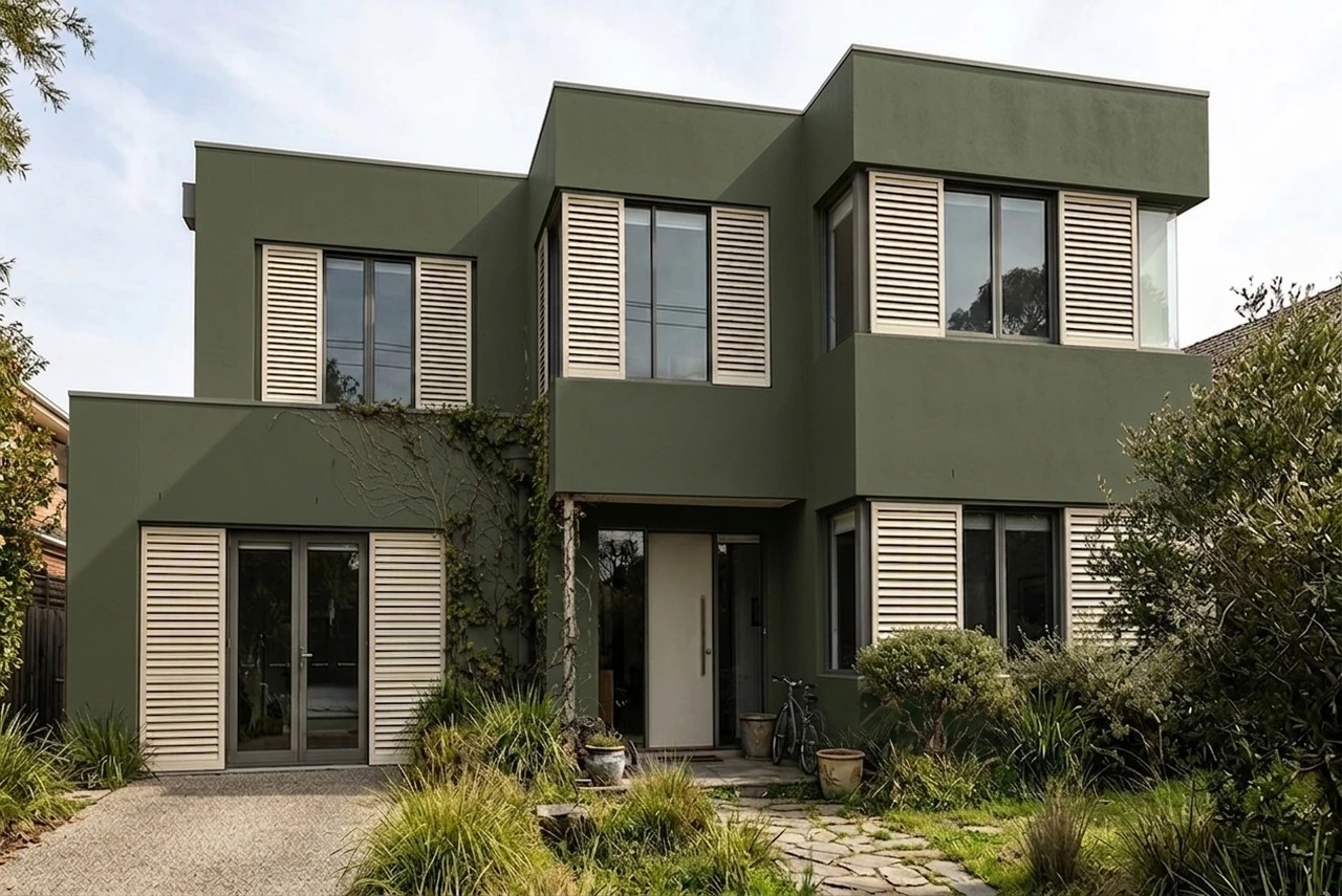 Apres — facade Vert Bronze (RAL 6007) et Creme sur les volets (Moderne)