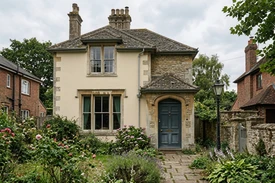 After — facade in Cream Render (RAL 9001) with Railings on the front door (British Heritage)