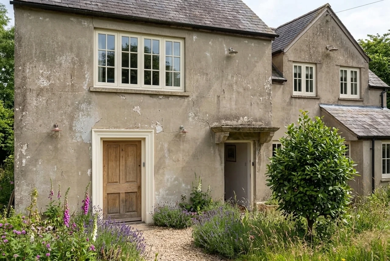 Vorher — Fassade ohne Salbeigruen + Cremeweiss (Modernes Landhaus)