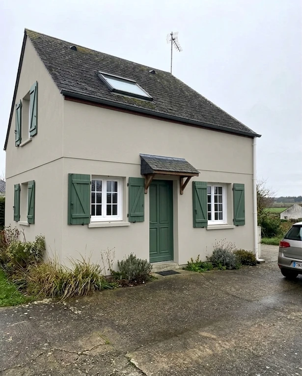 After — facade in Greige (SW 7015 Repose Gray) with Basil Green on the shutters (Modern Traditional)