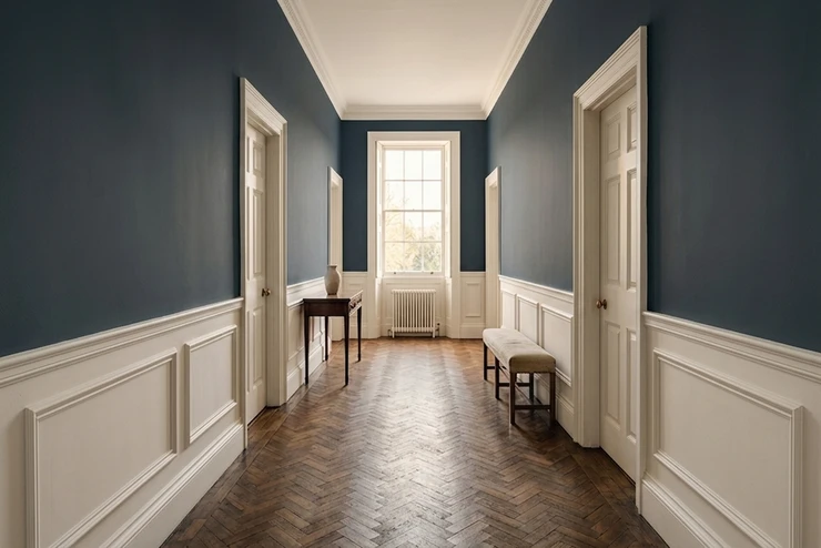 After — facade in Hague Blue (None) with Wimborne White on the panelling, dado rail, coving, skirting, ceiling (Georgian Townhouse)