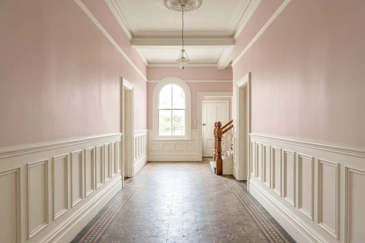 After — facade in Soft Rose (None) with Wimborne White on the panelling, ceiling and skirting (Edwardian)