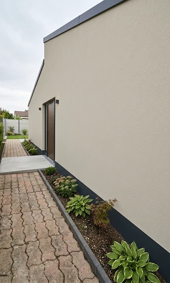 Nachher — Fassade mit Greige (RAL 7032) und Anthrazit auf den Sockel (Modern Minimalistisch)