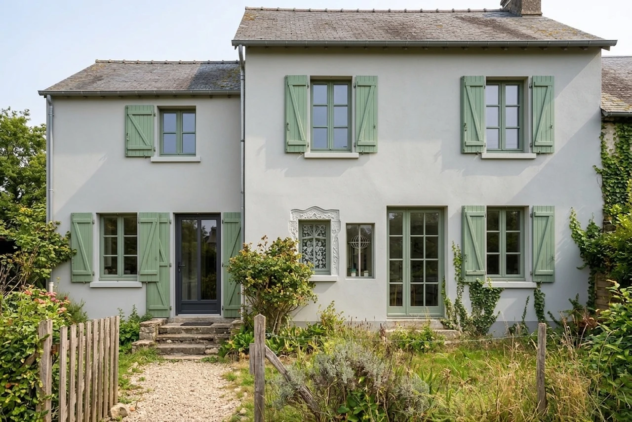 Nachher — Fassade mit Hellgrau (RAL 7035) und Moosgruen auf den Akzente (Haustuer und Fensterlaeden) (Modernes Landhaus)