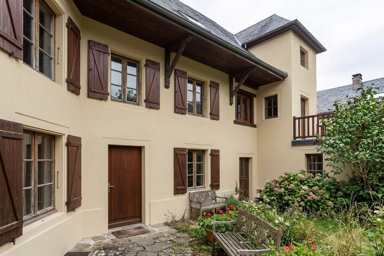 Nachher — Fassade mit Hellsandbeige (RAL 1014) und Nussbraun auf den Fensterlaeden, Dachueberstand und Haustuer (Landhaus)