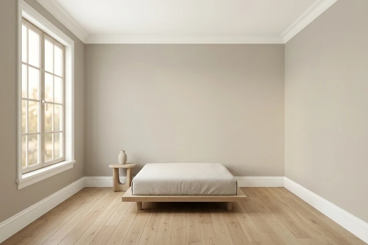 After — facade in Edgecomb Gray (BM HC-173) with Simply White on the crown moulding, baseboards, window casings, ceiling (Spa Retreat)