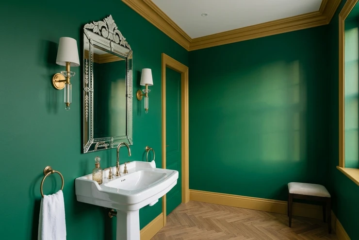 After — facade in Shamrock Emerald (SW 6454) with Antique Gold on the trim, mirror frame, sconces (Modern Glam)
