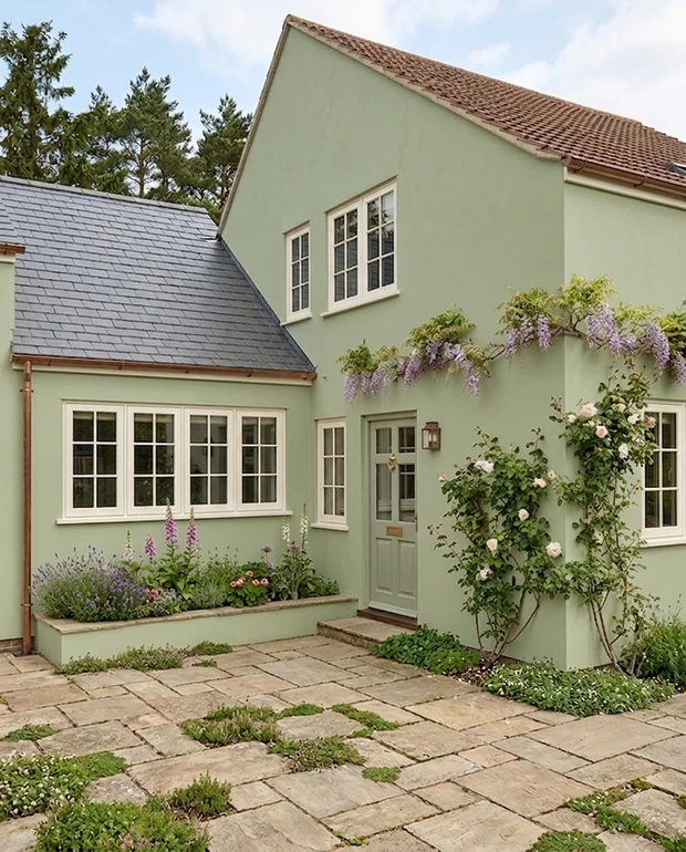 After — facade in Sage Green (Farrow & Ball Vert De Terre) with Cream on the windows (English Country)