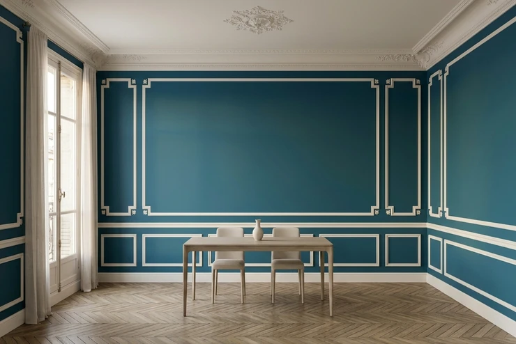 Apres — facade Bleu Paon (RAL 5005) et Creme Royale sur les moulures, plafond, plinthe, lambris (Haussmannien Elegant)