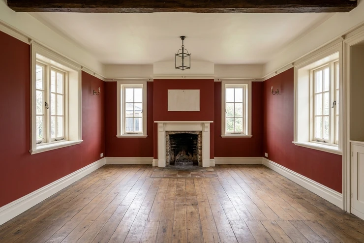 After — facade in Eating Room Red (None) with Wimborne White on the trim, ceiling, picture rail (Cosy Cottage)