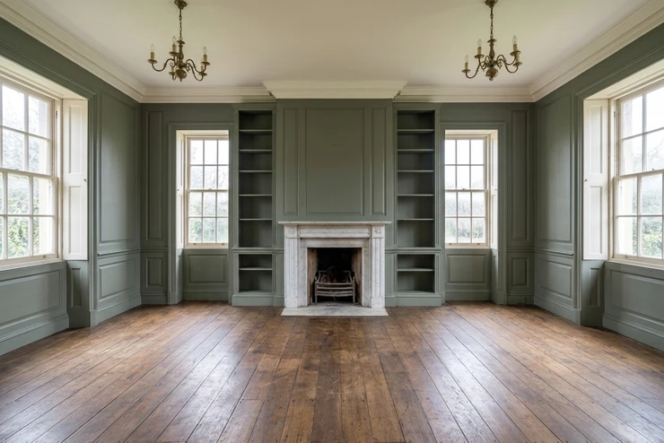 After — facade in Green Smoke (None) with Wimborne White on the panelling, ceiling and bookshelves (Georgian)