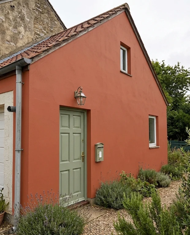 After — facade in Terracotta Brick Red (Dulux Brick Red) with Lichen Sage Green on the front door (Mediterranean UK)