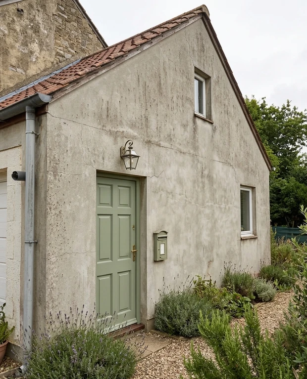 Before — facade without Terracotta Brick Red + Lichen Sage Green (Mediterranean UK)