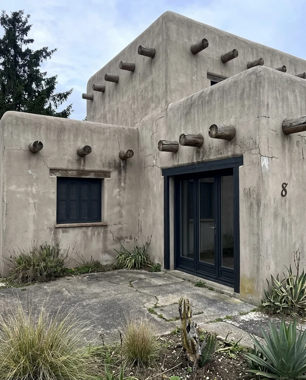 Before — facade without Terracotta Stucco (Sherwin-Williams Rookwood Terra Cotta SW 2803) + Tricorn Black (SW 6258) (Southwest / Modern Adobe)