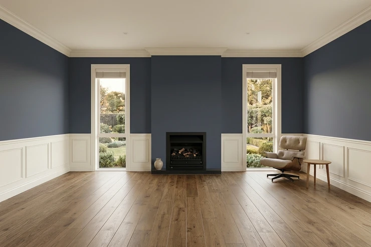 After - facade in Hale Navy (Benjamin Moore Hale Navy HC-154) with Soft Cream on the crown molding, wainscoting and ceiling (Classic American)