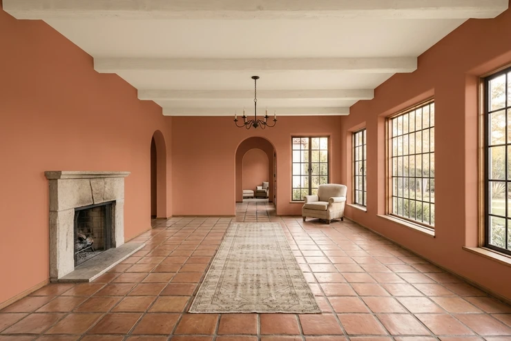 After - facade in Terracotta Clay (SW Cavern Clay SW 7701 equivalent) with Antique Cream on the trim, exposed wood beams and ceiling (Mediterranean Revival)