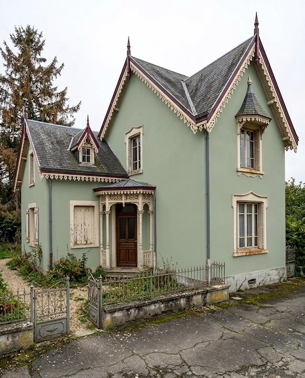 After - facade in Sage Green () with Cream + Burgundy on the gingerbread trim (Victorian)