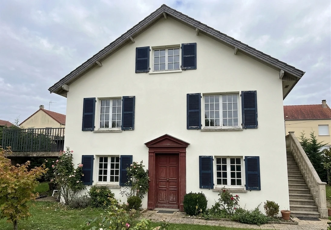 After — facade in Pure White (SW 7005) with Deep Navy on the shutters (Colonial)