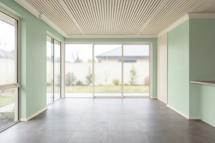 Nachher — Fassade mit Weissgruen (RAL 6019) und Naturweiss auf den Fensterrahmen, Lamellendecke, Sockelleiste (Modern)