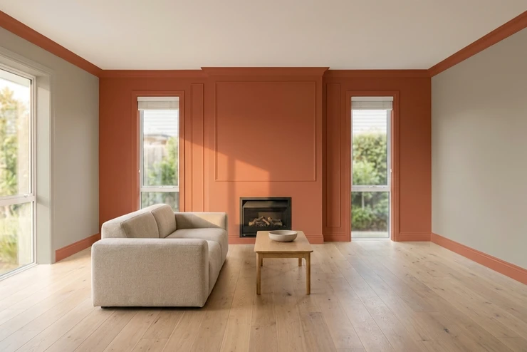 Nachher — Fassade mit Warmgrau (RAL 7044 Seidengrau) und Terracotta Brennend auf den Akzentwand hinter Sofa, Stuckleisten Reinweiss RAL 9016, Sockelleiste (Modernes Wohnzimmer)