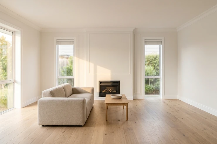 Vorher — Fassade ohne Warmgrau + Terracotta Brennend (Modernes Wohnzimmer)