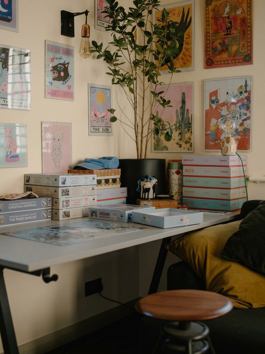 Nachher - Fassade mit Tiefblau (RAL 5013 Kobaltblau) und Reinweiß auf den Decke, Sockelleisten, Türrahmen, Eichenschreibtisch und Bücherregal (Modern Produktiv)