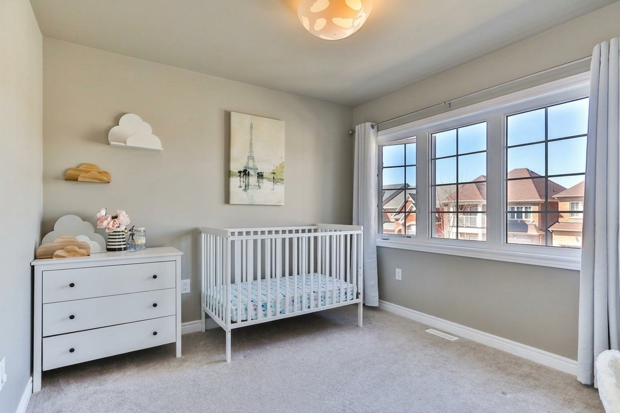 Apres - facade Greige Doux (RAL 1019) et Blanc Casse sur les plafond, plinthes, mobilier bebe (Neutre evolutif)