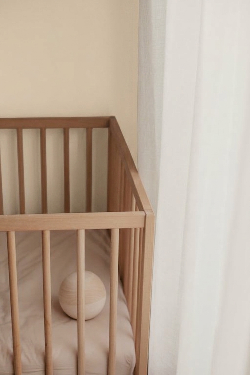 Nachher - Fassade mit Greige Sanft (RAL 1019 Graubeige) und Reinweiß auf den Decke, Sockelleisten, Wickelkommode, Babybett (Neutral Skandinavisch)