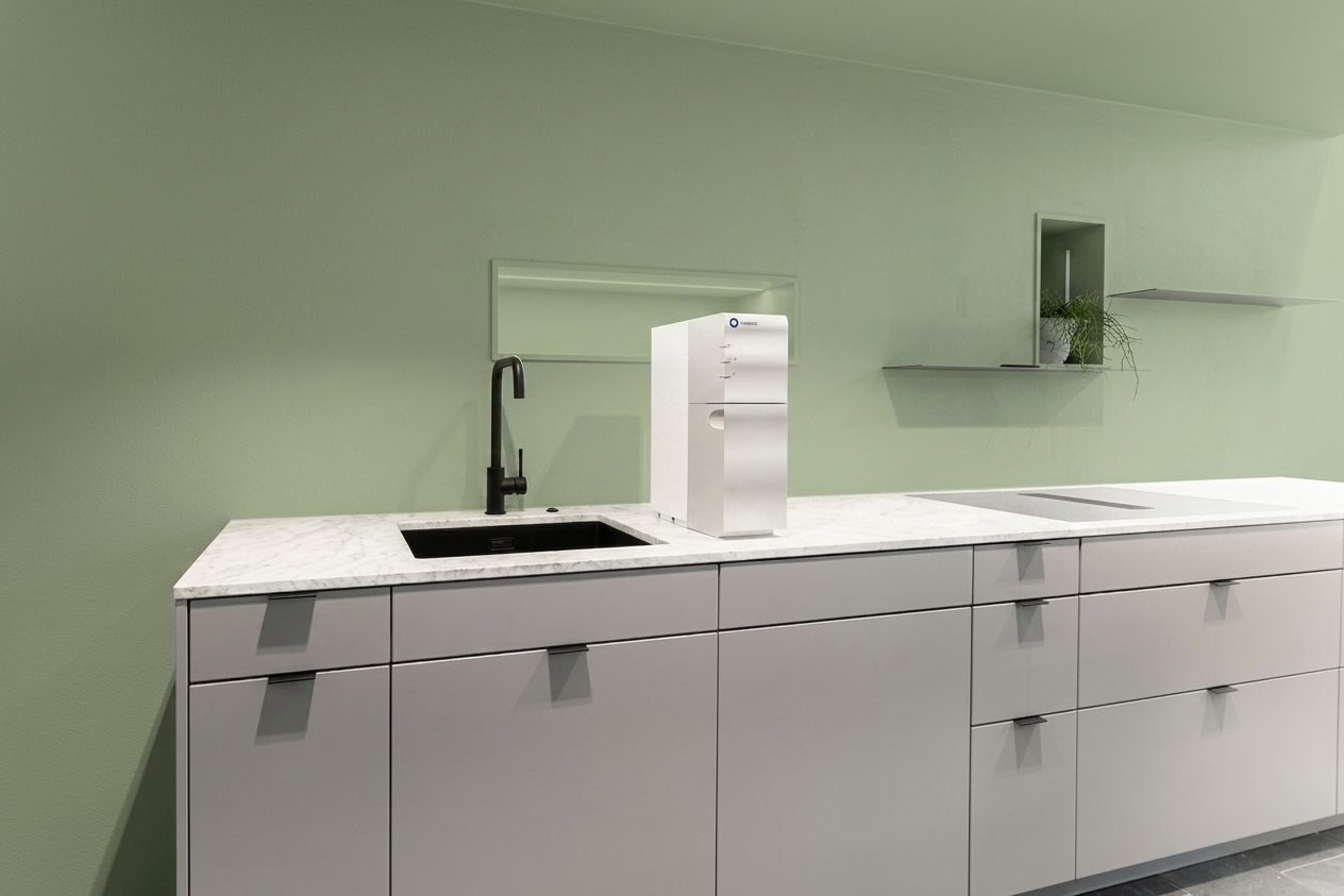 Apres - facade Blanc Casse (RAL 9001) et Vert Sauge sur les caissons bas et ilot (Scandinave)