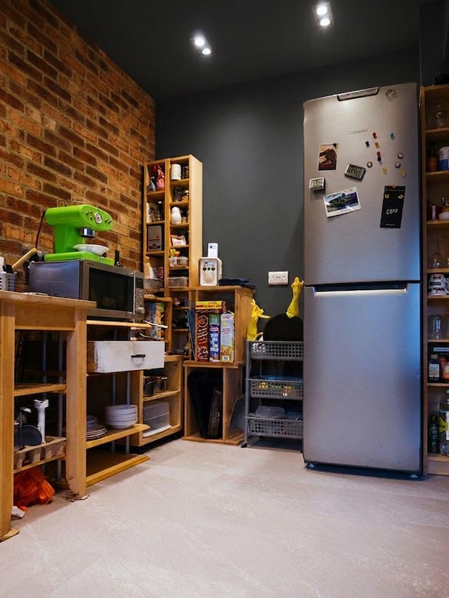 Apres - facade Anthracite (RAL 7016) et Brique Apparente sur les mur de fond, credence, etagere (Industriel loft)