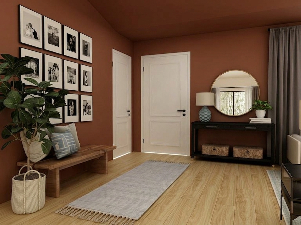 Nachher - Fassade mit Terrakotta (RAL 8004 Kupferbraun) und Reinweiß auf den Decke, Sockelleisten, Türrahmen, Eichen-Garderobe (Warm Mediterran)