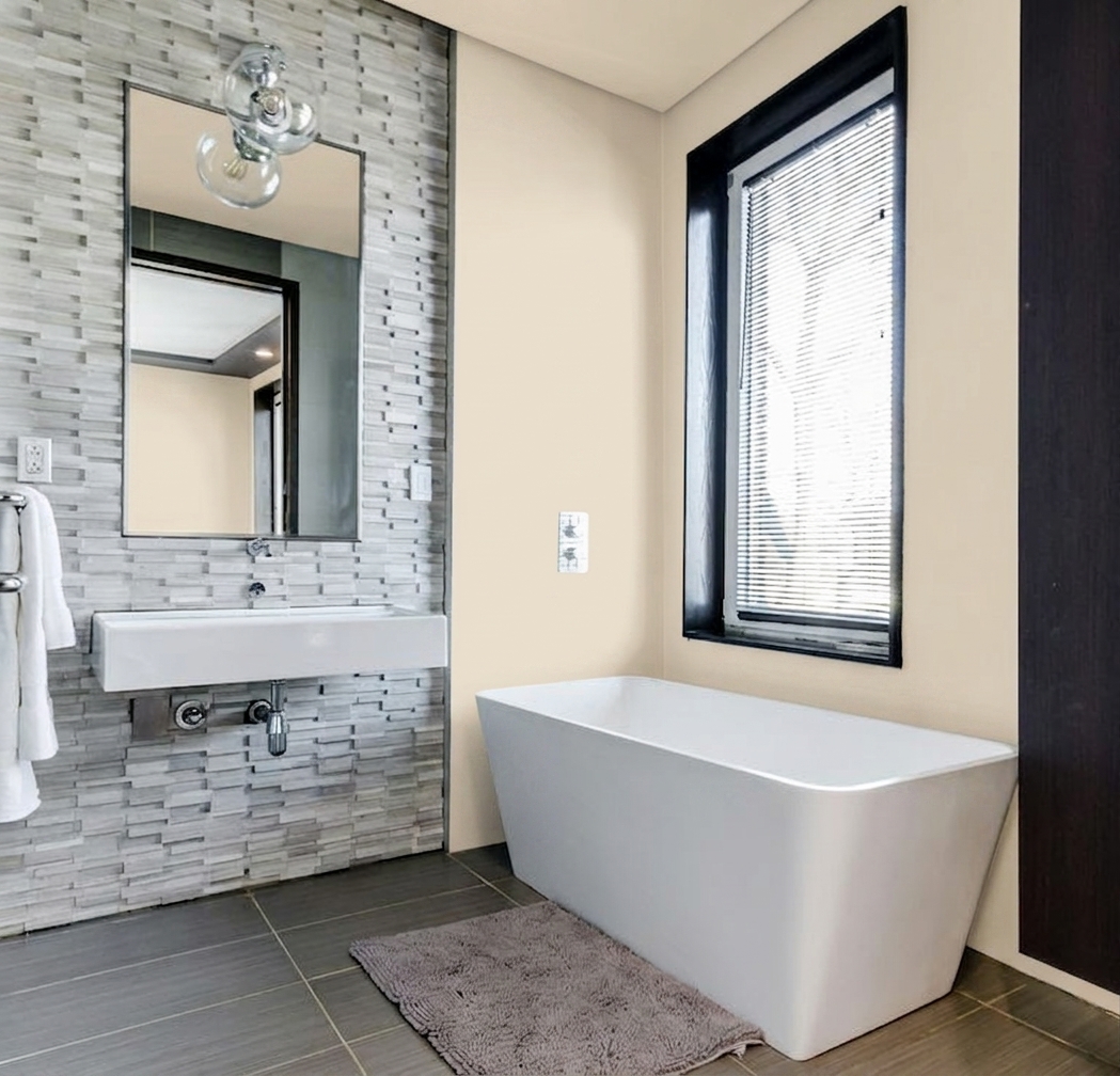 After - facade in Strong White Off-White (F&B Strong White No.2001) with White Metro Tile on the half-height tile, ceiling, coving, skirting (Classic Period Bathroom)