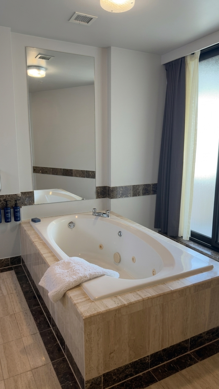 Nachher - Fassade mit Perlgrau (RAL 7035 Lichtgrau (proche)) und Carrara-Marmor Weiß auf den Decke, Sockelleisten, Wandflächen über Marmor, Fensterrahmen (Luxus Spa-Badezimmer)