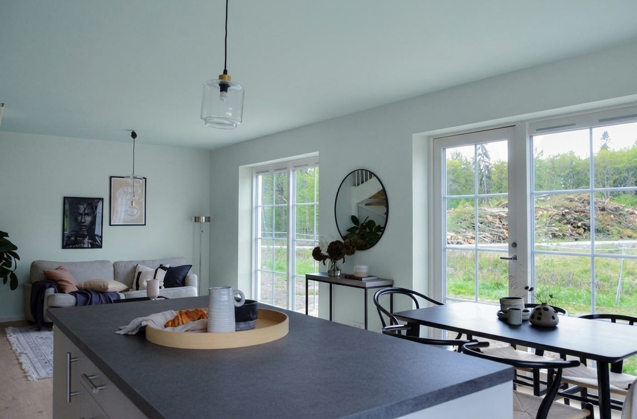 Nachher - Fassade mit Greige Warm (RAL 1019 Graubeige) und Reinweiß auf den Decke, Sockelleisten, Türrahmen, Fensterleibungen (Skandinavisch Hyggelig)